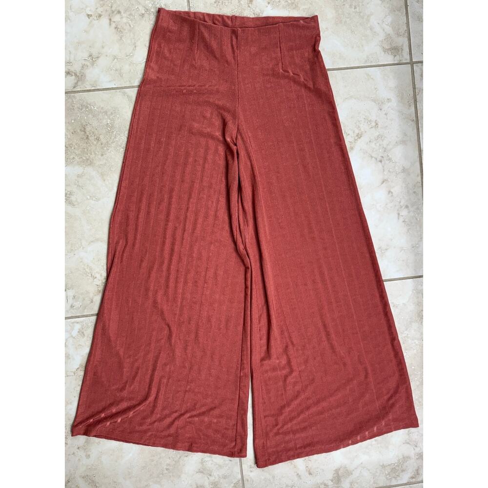 Free People Beach knit Wide Leg ribbed pull on Pant Rust medium NWOT resort
